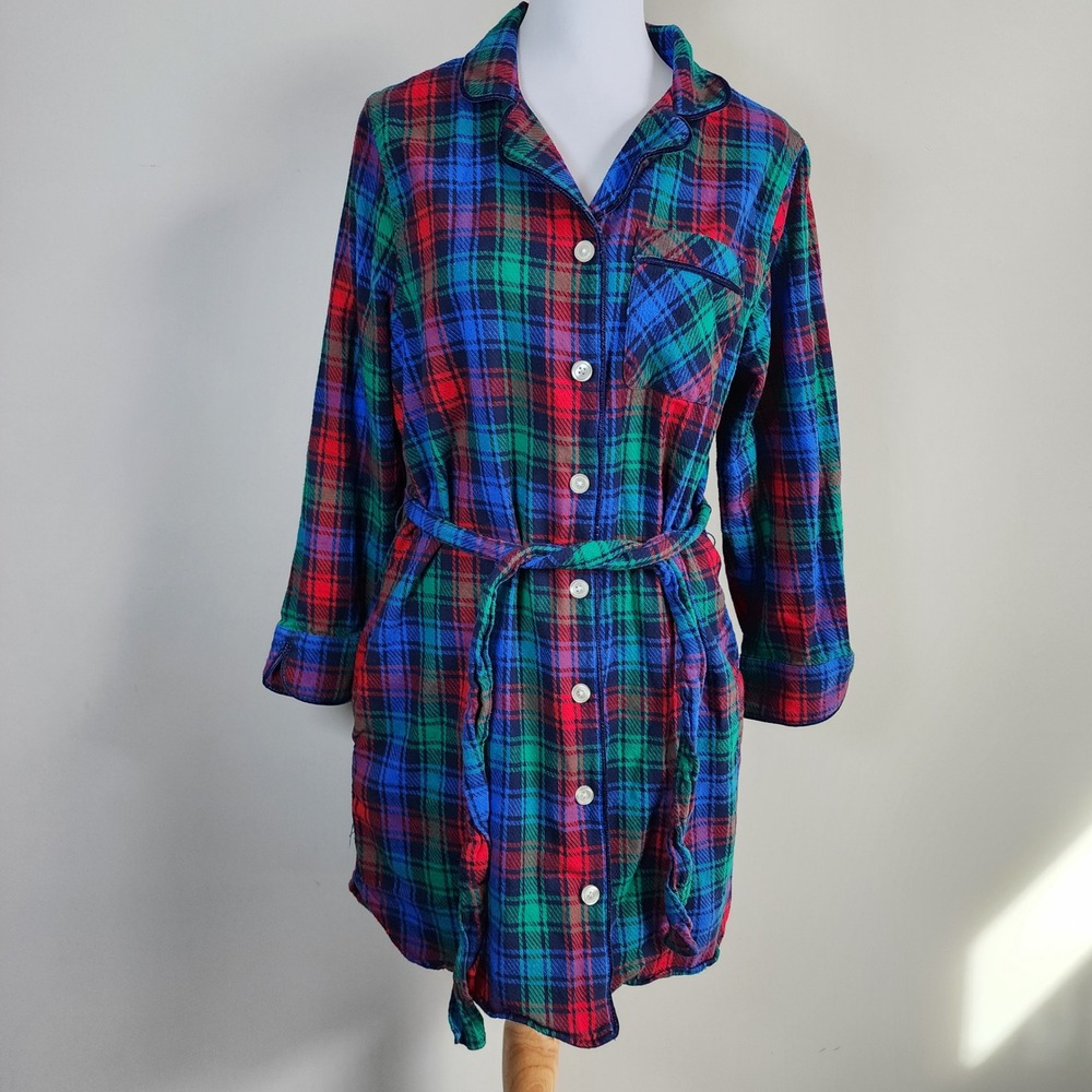 Lands End Flannel Nightshirt Womens Medium Plaid Cotton Belted Sleepwear Winter